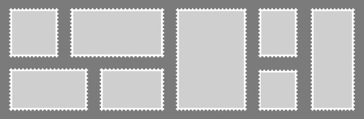 Postage stamp borders set. Light Postage Stamps collection. Blank Postage Stamps on gray background vector illustration. 