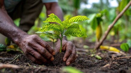 Medium shot capturing a farmer carefully placing a shade tree seedling beside mature cacao plants emphasizing agroforestry biodiversity with blurred greenery and farm tools in the