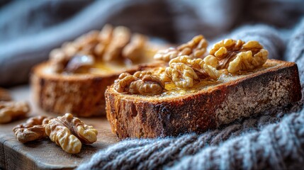 Toasted sourdough with honey and walnuts, cozy background textures