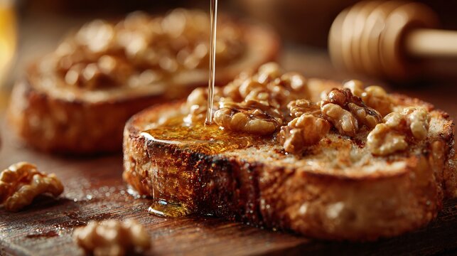 Toasted sourdough with honey and walnuts, cozy background textures - Powered by Adobe