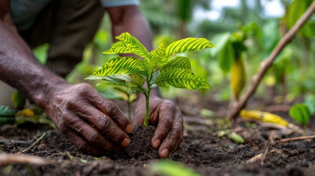 Medium shot capturing a farmer carefully placing a shade tree seedling beside mature cacao plants emphasizing agroforestry biodiversity with blurred greenery and farm tools in the