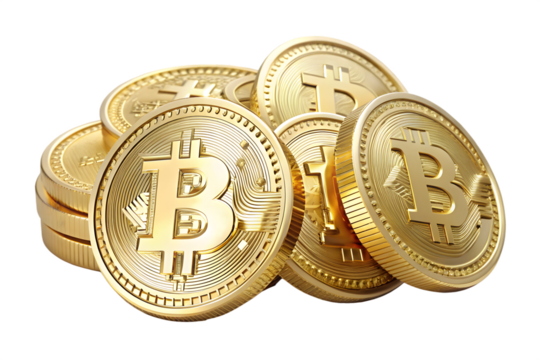 A closeup, isolated on transparent background, view of a pile of shiny golden bitcoin coins, symbolizing digital currency, investment, and financial technology