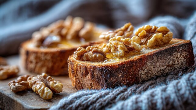 Toasted sourdough with honey and walnuts, cozy background textures