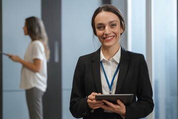 Professional Businesswoman in Modern Office Setting with Tablet, Smiling and Engaging with Colleague in Background