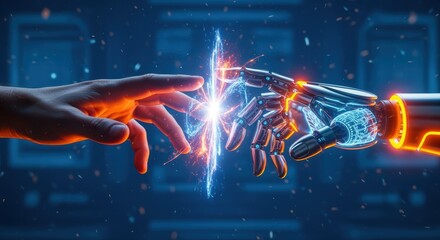 Human and robot hands touch, creating a spark of energy between them, symbolizing connection and technology.