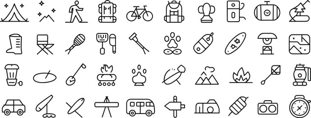 Camping and Outdoor Adventure Icon Set – Hiking, Backpacking, Campfire, Gear, Tent, Nature, Travel, Map, Navigation, Equipment, Vector