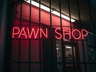 Obraz premium Pawn shop neon sign red light business loan money cash jewelry electronics buy