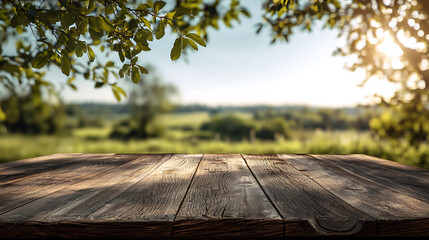 Fototapeta premium Rustic wooden table surface with dappled sunlight and green foliage overhead against a blurred landscape background