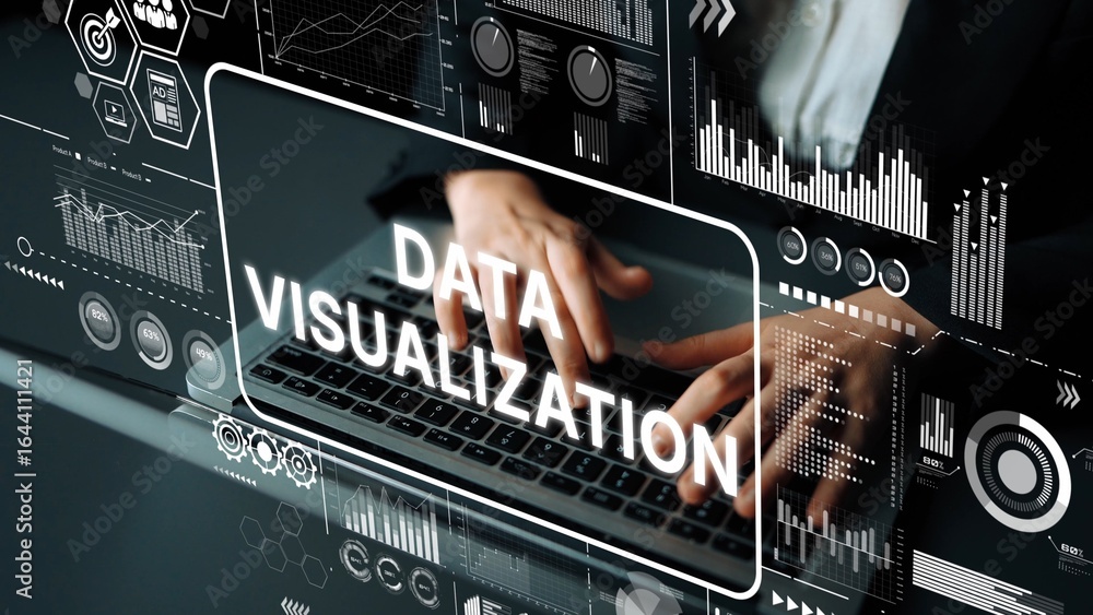 Poster hands typing on laptop with data visualization graphics and analytics charts in modern office settin