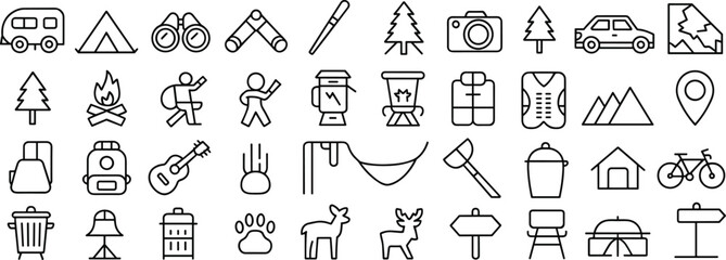 Camping and outdoor adventure icon set – hiking, backpacking, nature, RV, bonfire, travel, wildlife, trail signs, forest, tent