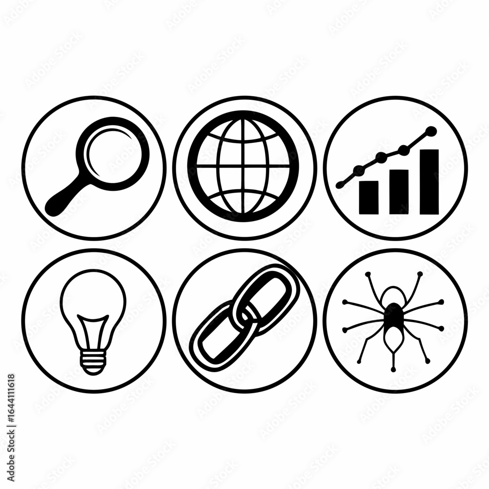 Aufkleber seo optimization icons isolated on white background representing search engine and website analytics