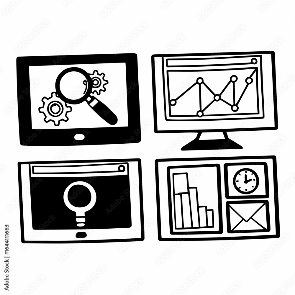 Poster seo optimization icons isolated on white background representing search engine and website analytics