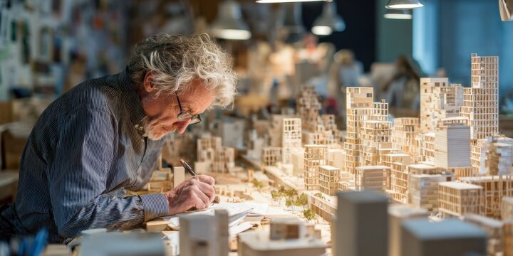 Architect designing scale models in a workshop during daylight hours with focus on intricate details