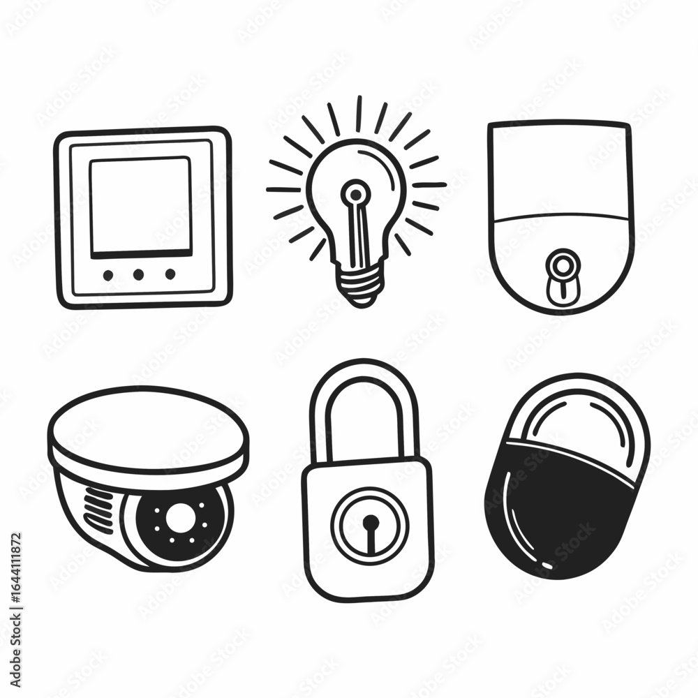 Poster smart home automation and security icons isolated on white background featuring control panel and ca