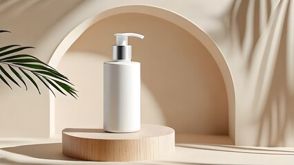 Mockup of a pump bottle displayed on a podium alongside a leaf and an arch. The background is beige, perfect for showcasing branding and packaging. This is all about a natural skincare beauty product 
