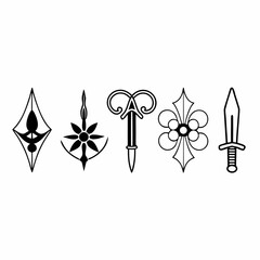 Set of heraldic shield and sword designs isolated on white background for creative projects