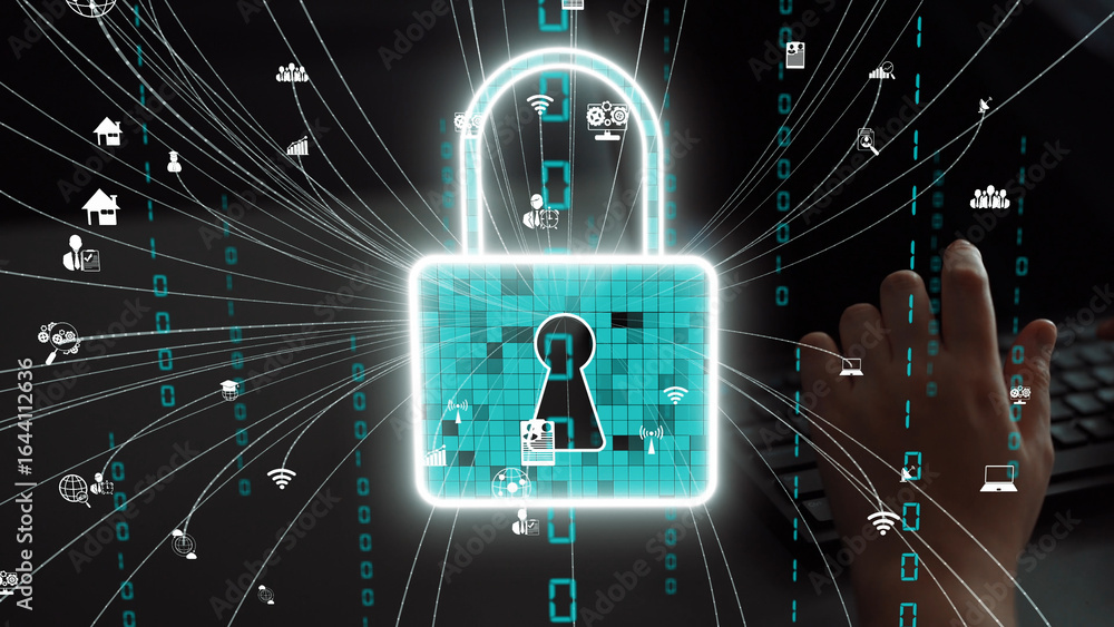 Poster this image illustrates a lock icon representing digital security, surrounded by various data icons, 
