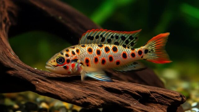 Colorful apistogramma fish close up underwater with wood
