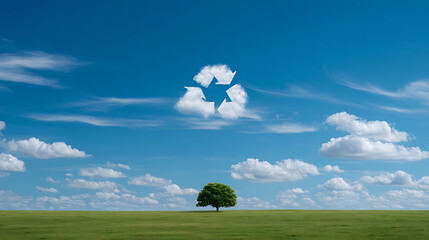 Green field under blue sky with recycling symbol cloud and solitary tree white clouds