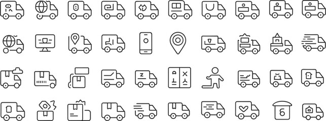 Delivery and logistics line icon set including shipping trucks, packages, tracking, express delivery, courier services, route maps, and warehouses