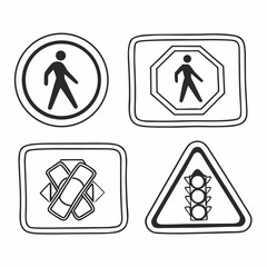 Illustration of pedestrian crossing and traffic signs isolated on white background