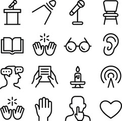 Public speaking and storytelling line icon set. Vector outline symbols for presentation, lecture, and communication.

