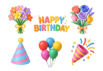 Birthday balloons confetti party hat flowers in 3D illustration on black. Bright birthday lettering. Playful render for celebration.