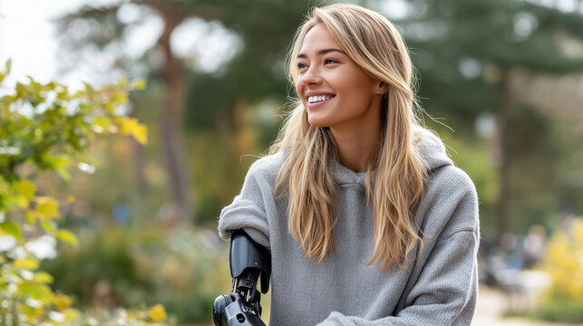 Smiling young woman with modern bionic prosthetic arm enjoying a sunny day outdoors. - Powered by Adobe