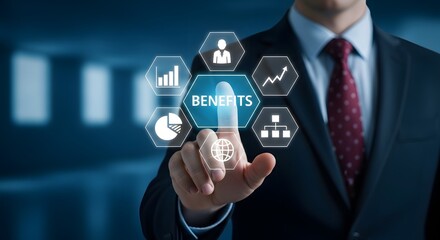 Businessman's finger highlights 'BENEFITS' on a digital interface surrounded by icons representing growth and data analytics