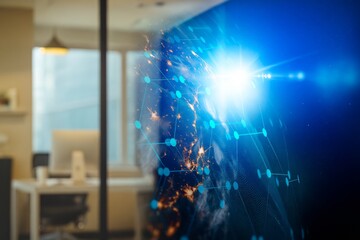 Futuristic Global Network Displayed in Office, Emphasizing Technological Advancement and Modern Workspace Design