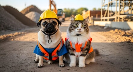 Adorable pug and cat duo dressed as construction workers on a sunny day