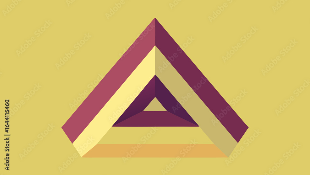 Poster geometric optical illusion triangle shape with layered segments in muted colors on a yellow backgrou