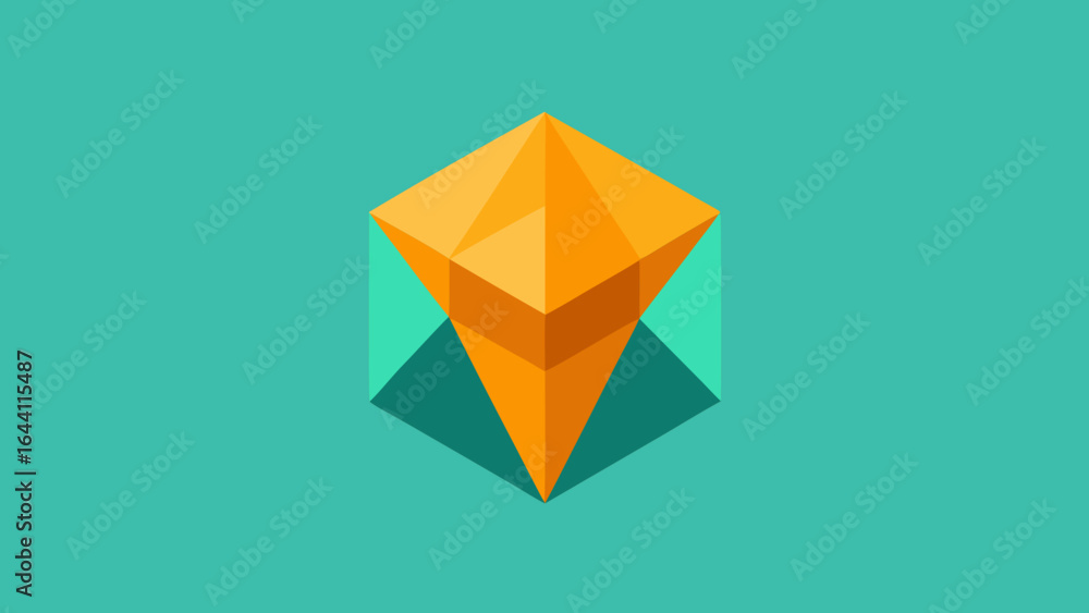 Poster geometric orange diamond shape floating above teal cube with shadow abstract