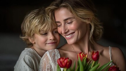 A touching moment: a son hugs his mother, giving her a bouquet of red tulips. A perfect image for Mother's Day and family values.