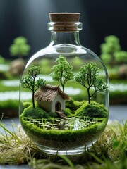 A small village and a view of its surroundings in a small bottle