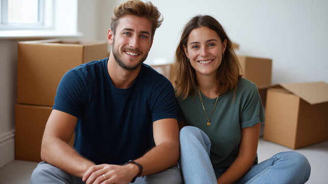 Happy couple assembling flat-pack furniture in their new home