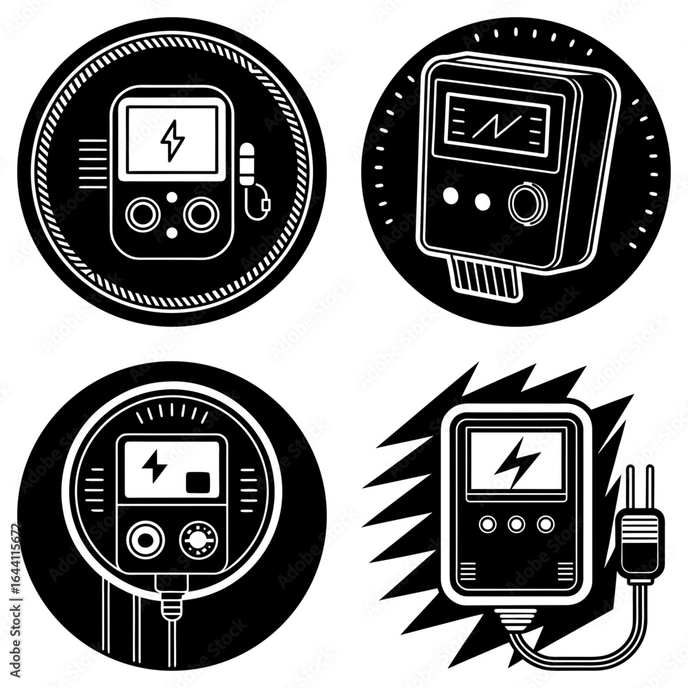 Poster collection of four black and white electrical testers in circular and angular designs with lightning