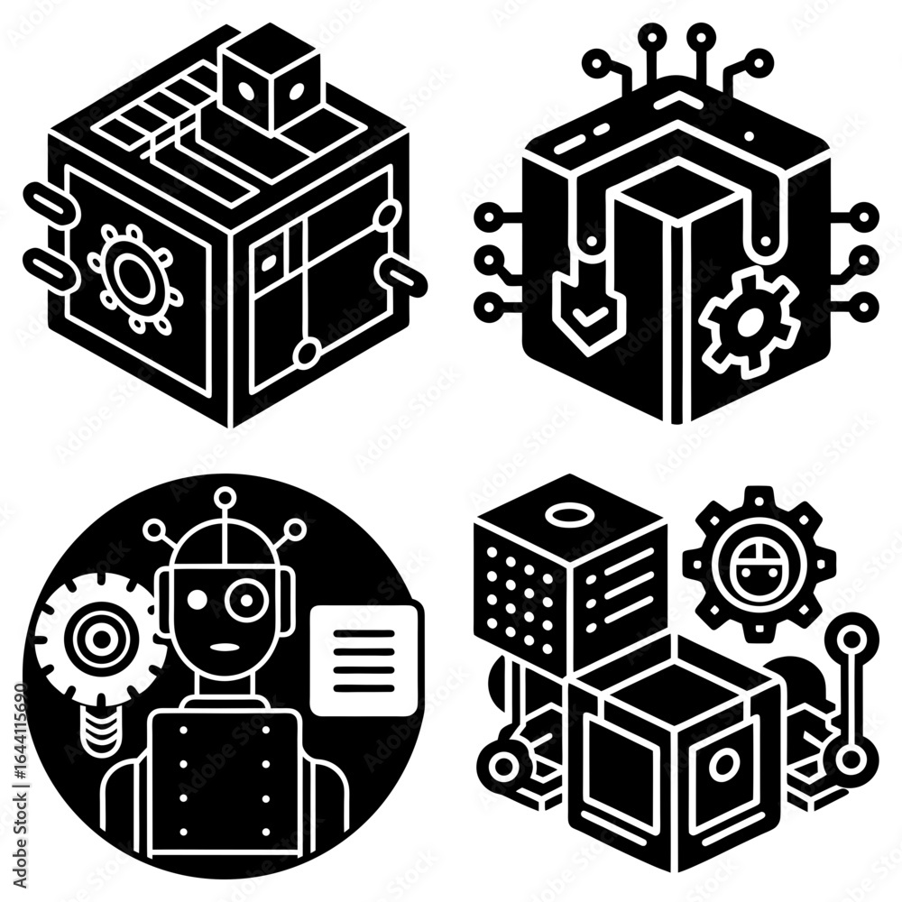 Poster isometric view of four technology related icons with robots gears and cubes in black and white style