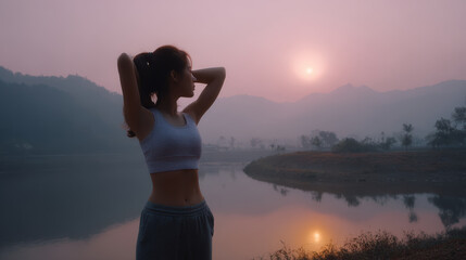 Fototapeta premium young woman is stretching gracefully amidst soothing embrace of nature fully immersed in her morning routine