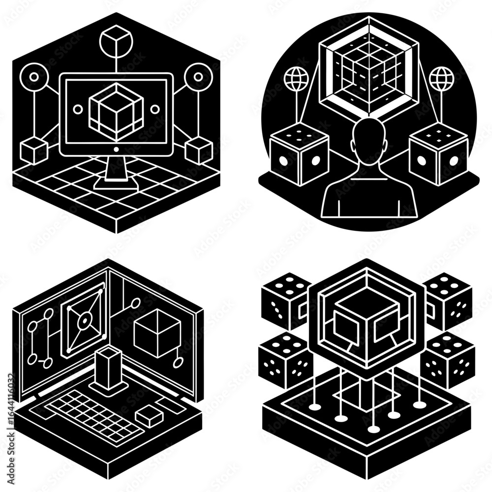 Poster isometric illustrations showcasing technology concepts with cubes and computer screens design
