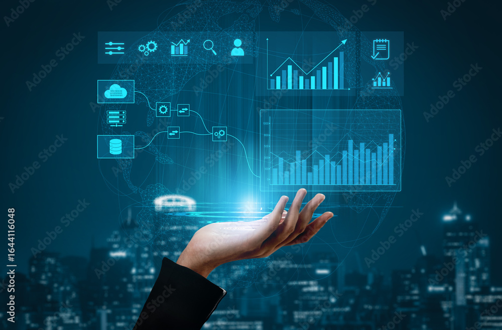 Poster data flow from database and cloud to processing and analytics dashboards, representing data analysis