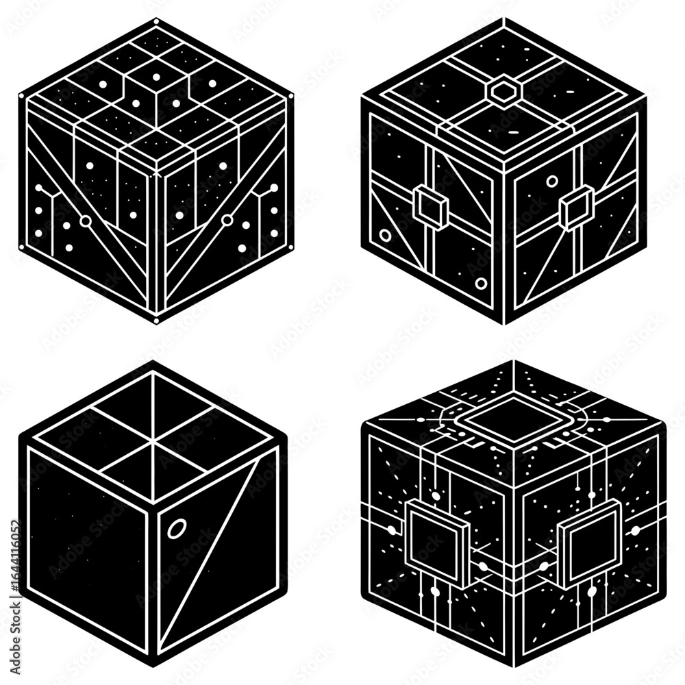 Poster four isometric cubes with intricate line patterns and geometric shapes in black and white design sty