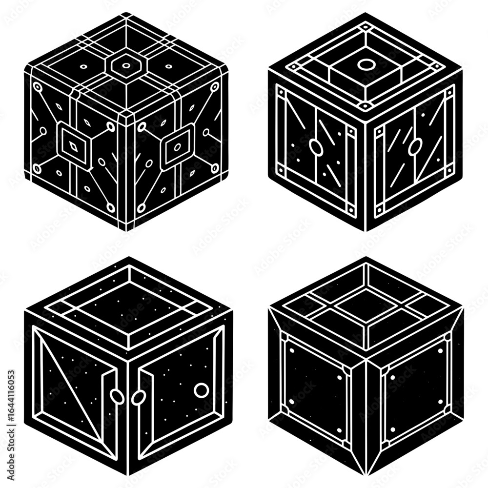 Poster isometric view of four black cubes with white line art designs and geometric patterns on each side p