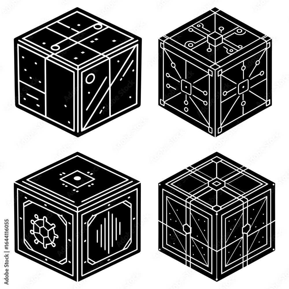 Poster isometric view of four uniquely designed black cubes with white line art patterns and detailed desig