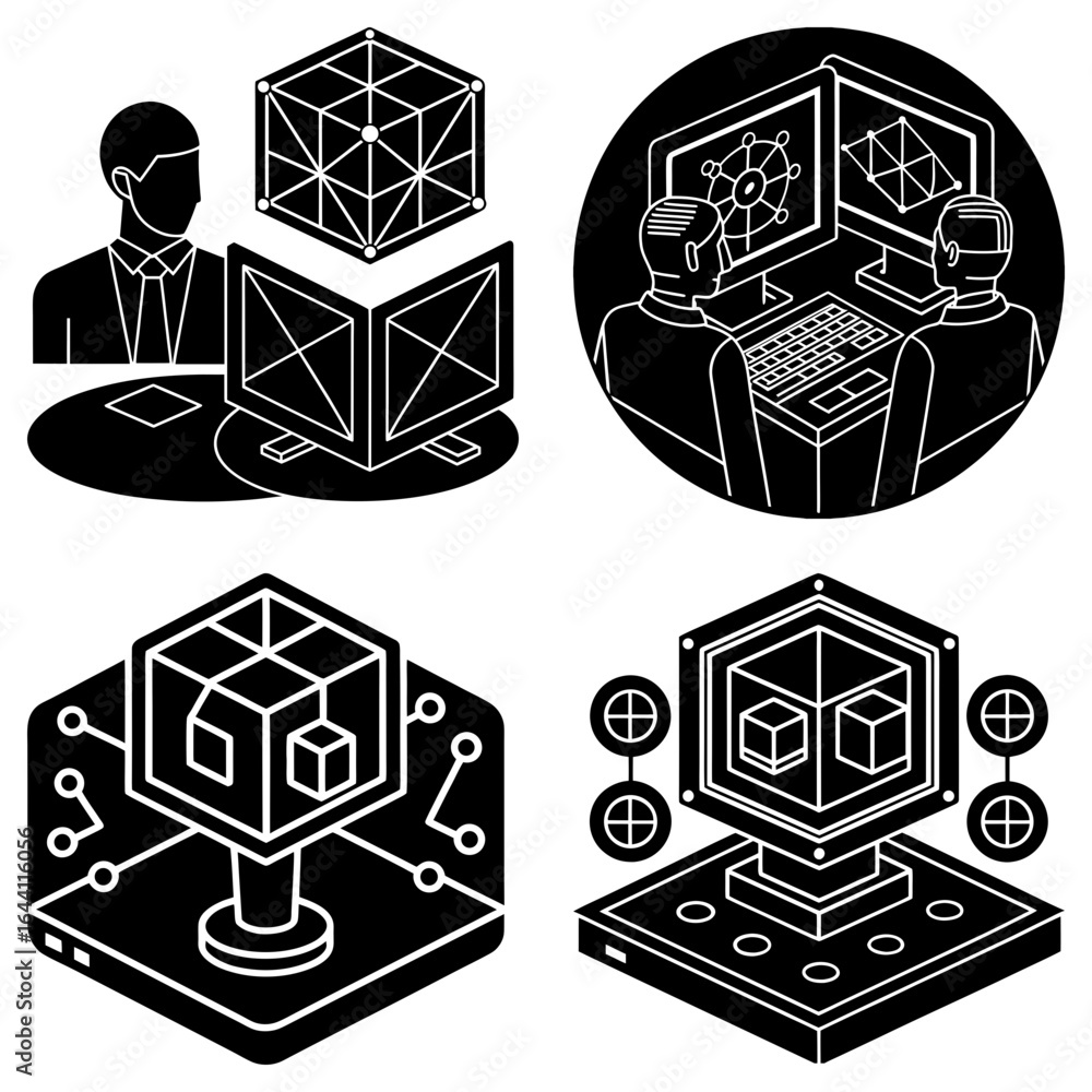 Poster illustration showing people interacting with virtual reality and augmented reality interface technol