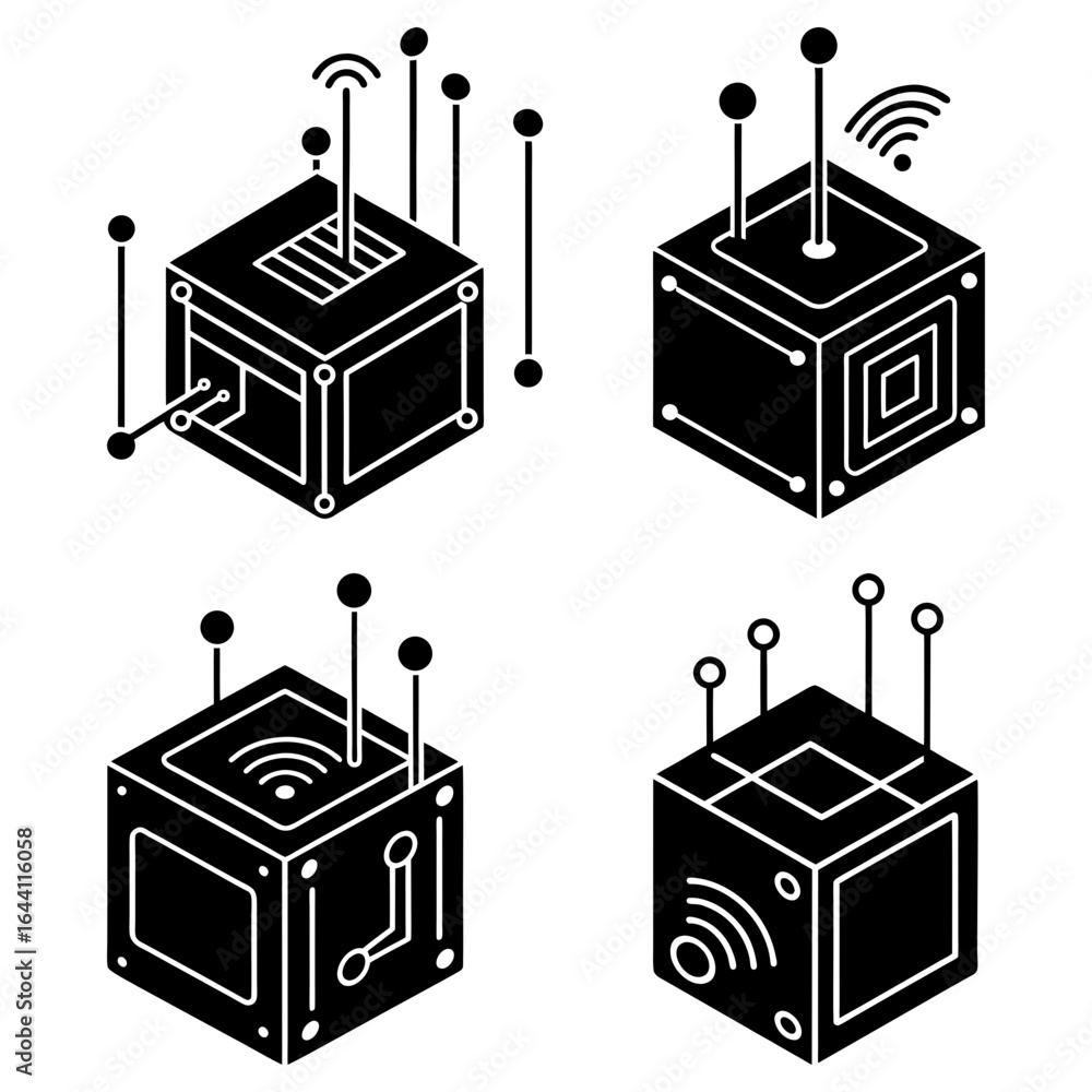 Poster isometric view of four black cubes with antenna and circuit designs in a square format layout
