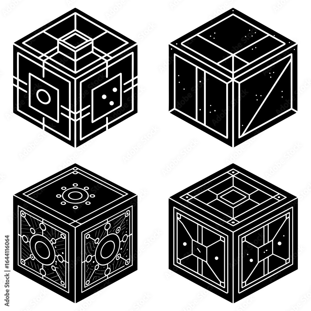 Poster isometric view of four uniquely designed cubes with intricate geometric patterns and contrasting bla