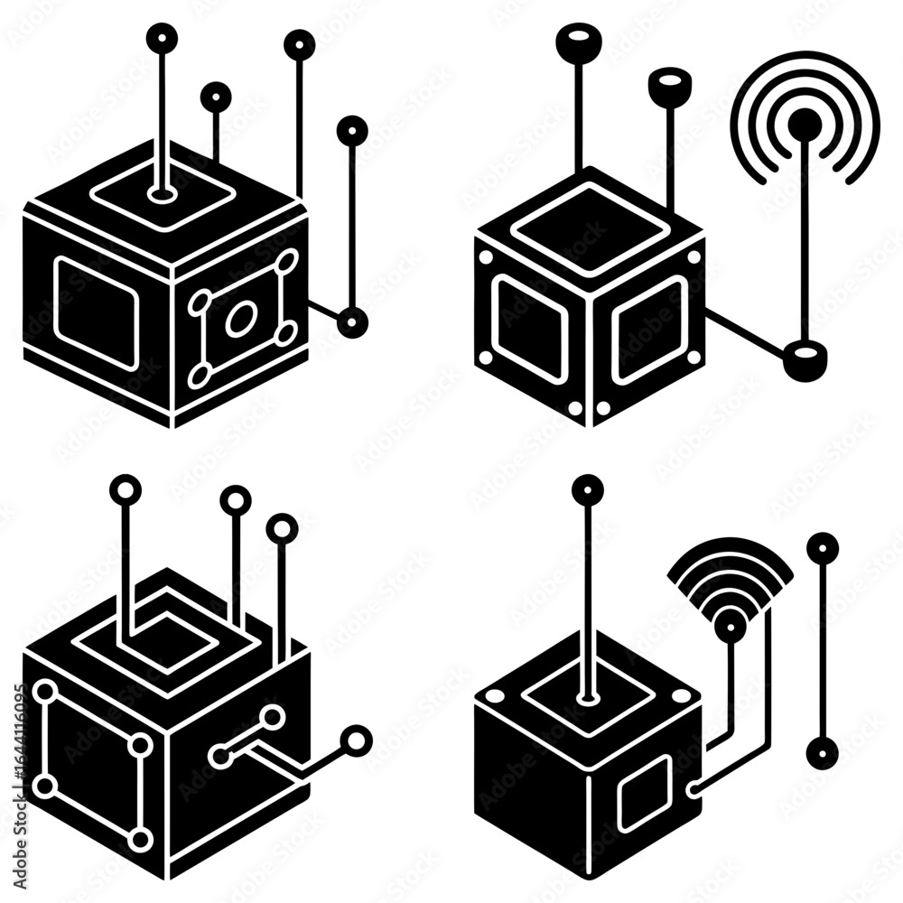 Poster isometric view of four black cubes with antenna and circuit board connections in a grid pattern