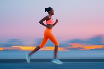 African American woman in athletic wear running on a city street at dusk, with vibrant colors in the background, showcasing determination and fitness in motion