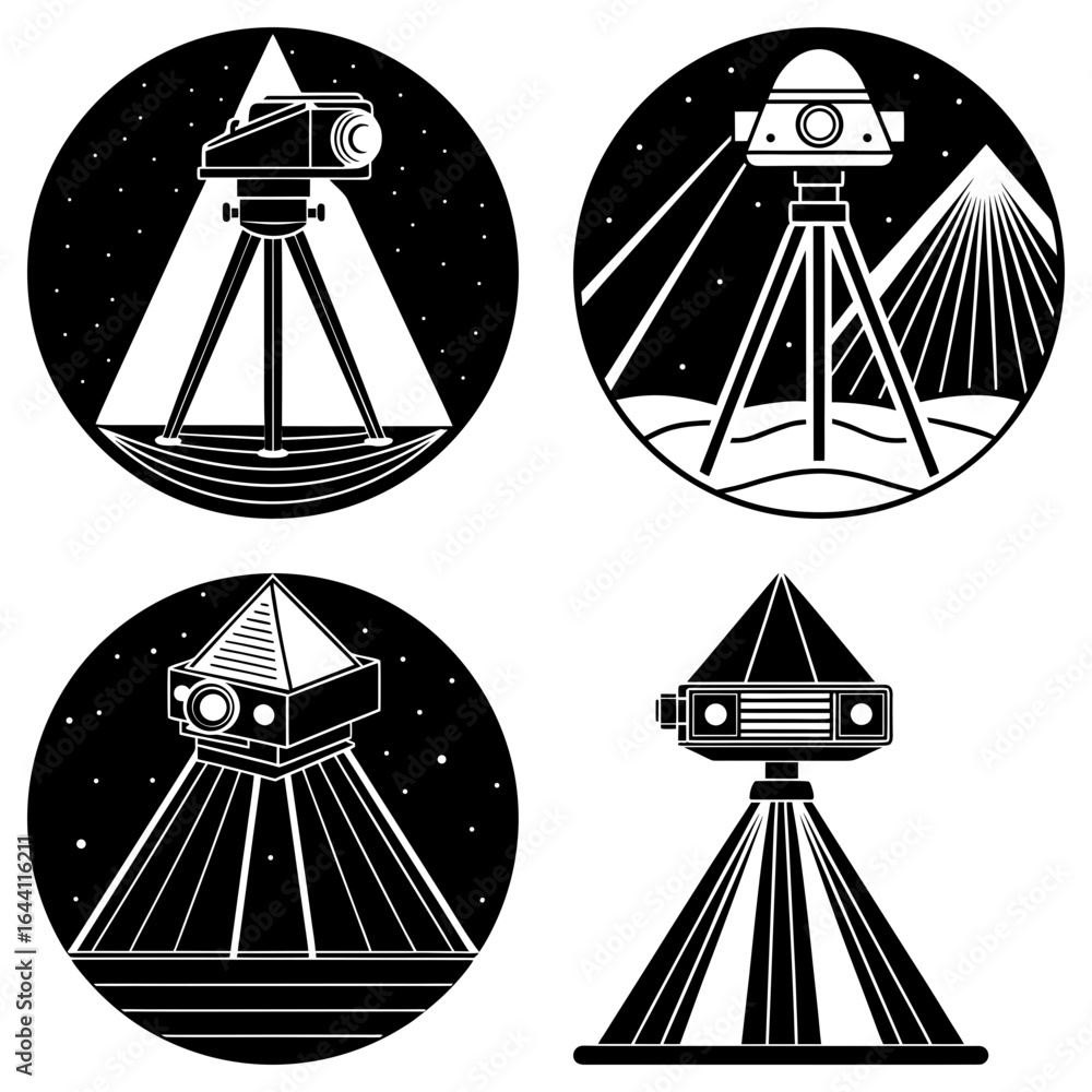 Aufkleber four black and white illustrations of projector and pyramid combinations in circular frames and plai